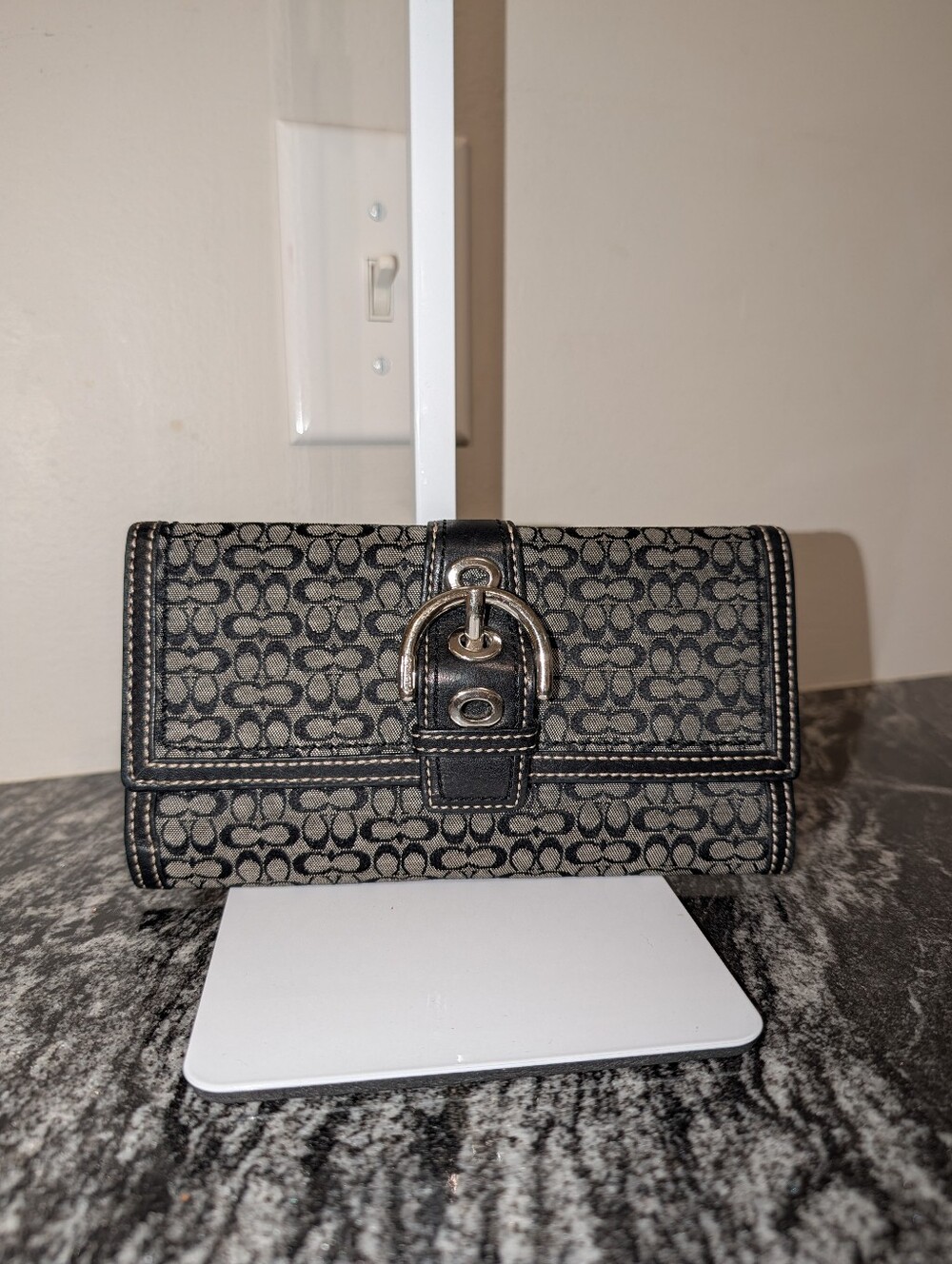Coach Soho buckle trifold wallet in mini signature C jacquard